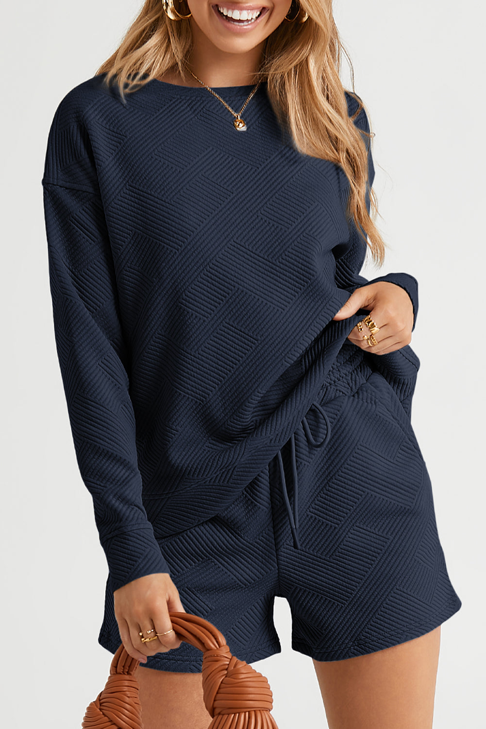 Gray Textured Long Sleeve Top and Drawstring Shorts Set