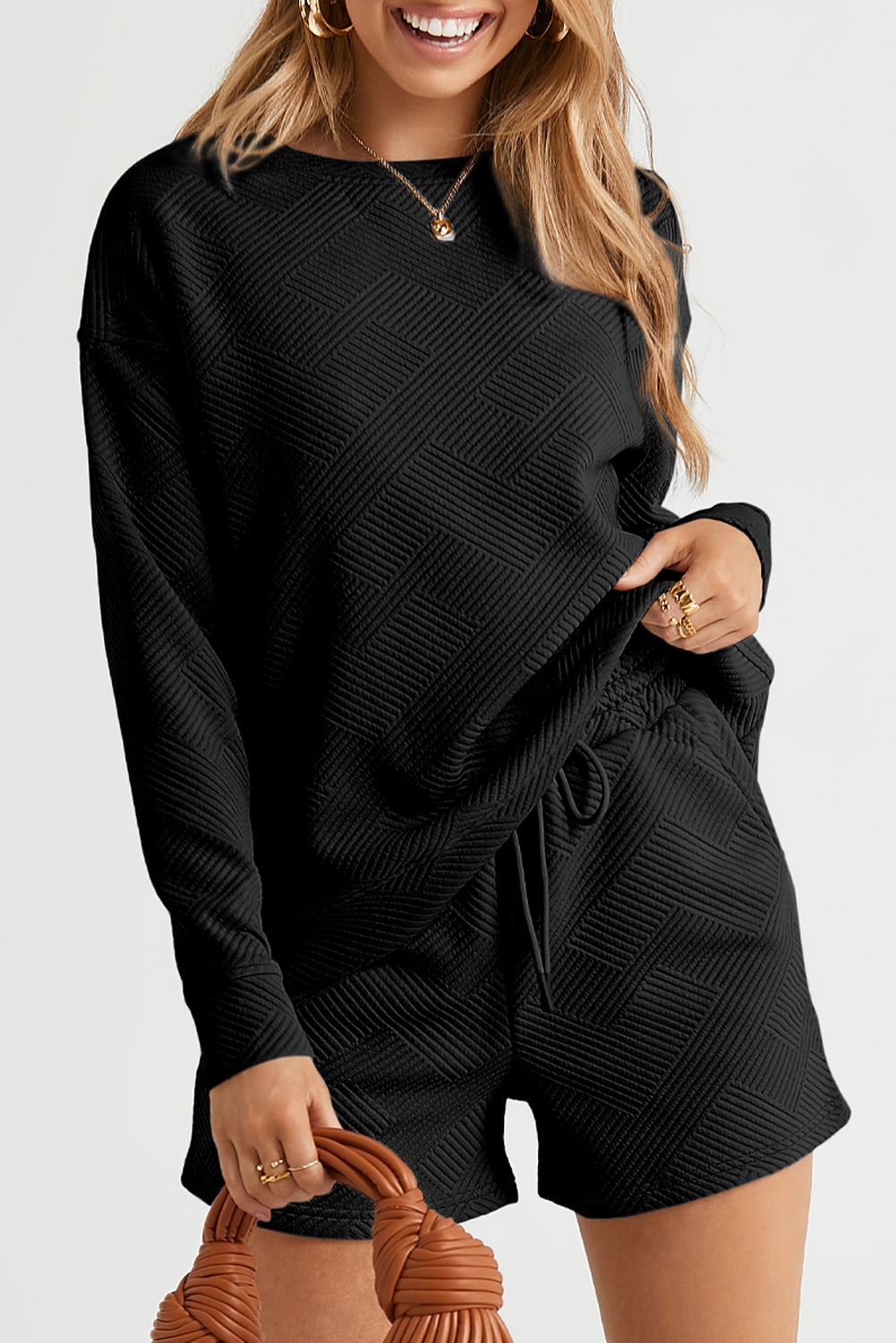 Gray Textured Long Sleeve Top and Drawstring Shorts Set