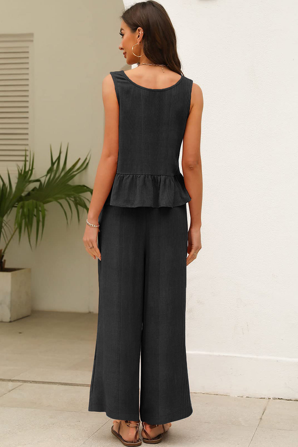 Beau Blue Solid Color Ribbed Ruffle Tank Top and Pants Set