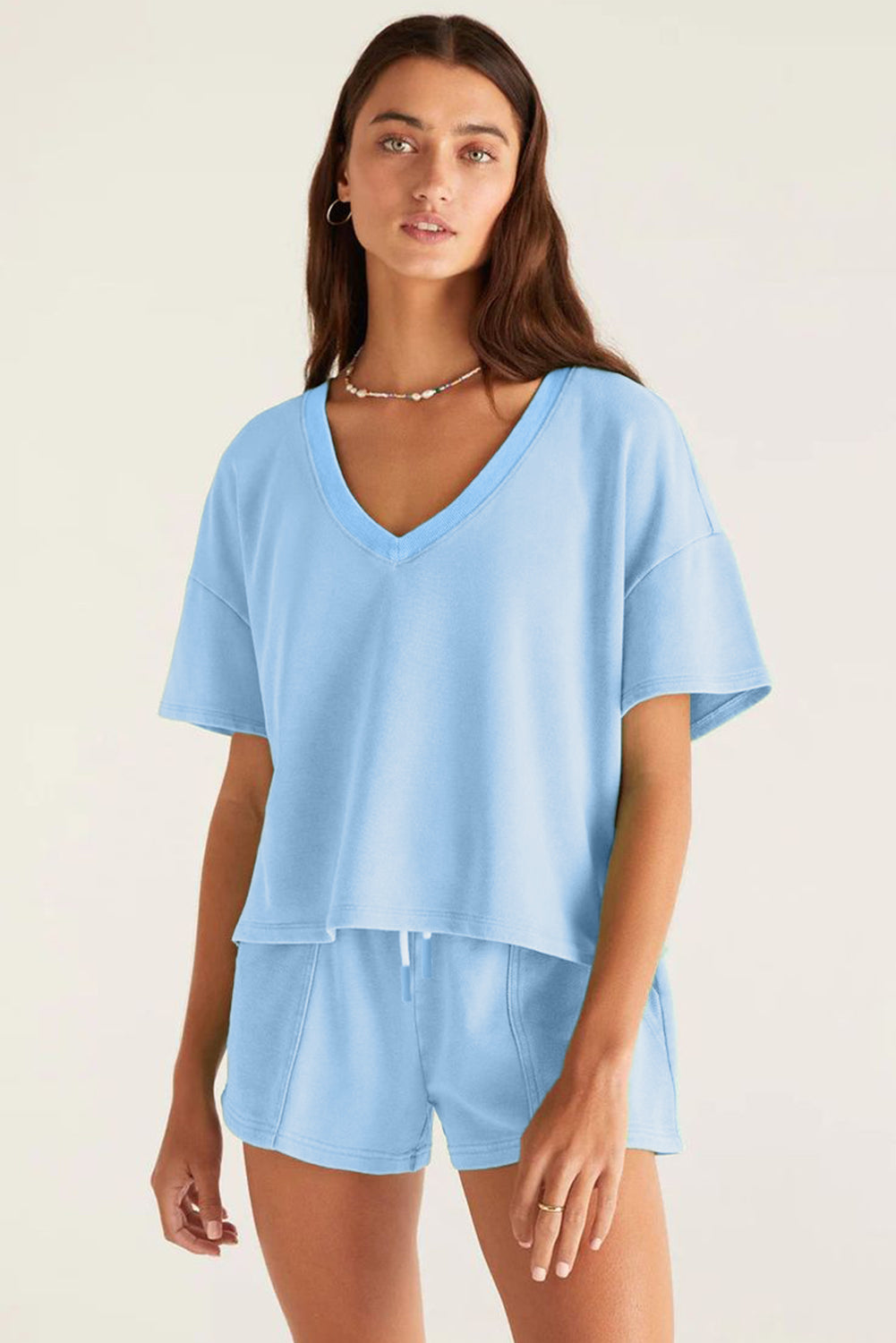 Mint Green V Neck Drop Shoulder Tee and Patchwork Drawstring Elastic Waistband Shorts Set