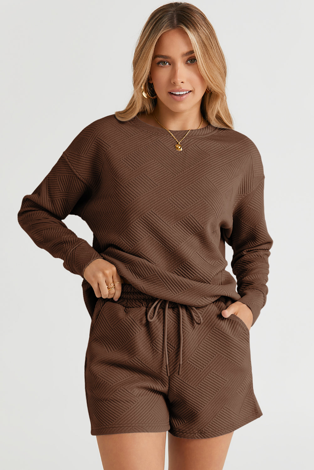 Gray Textured Long Sleeve Top and Drawstring Shorts Set