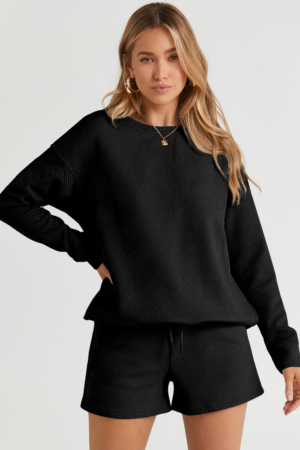 Gray Textured Long Sleeve Top and Drawstring Shorts Set