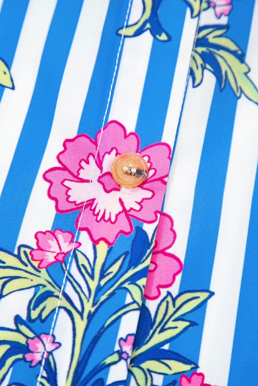 Blue Striped Floral Print Buttoned Cuffs Loose Fit Shirt - ELLEsinil