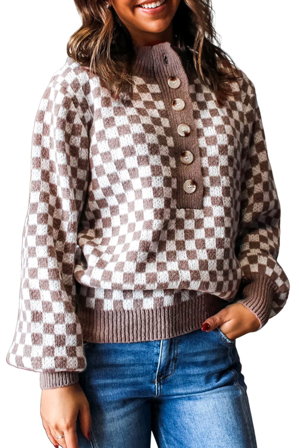 Dark Brown Plaid Contrast Trim Button Neck Sweater - ELLEsinil