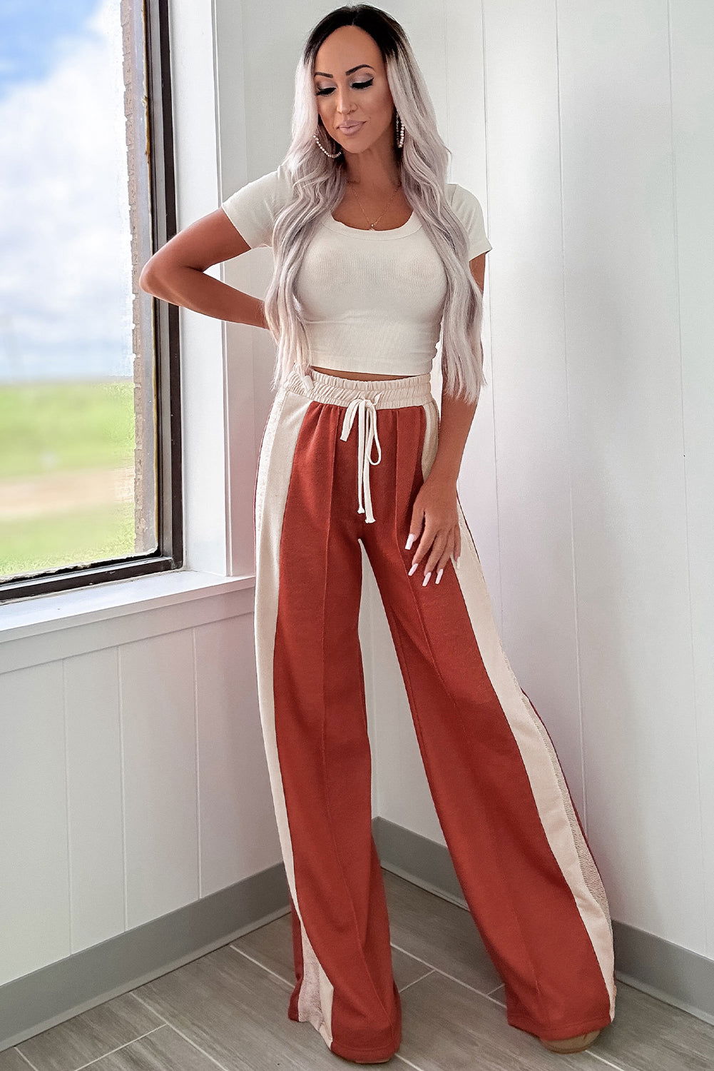 Flamingo Color Block Drawstring High Waist Wide Leg Pants - ELLEsinil