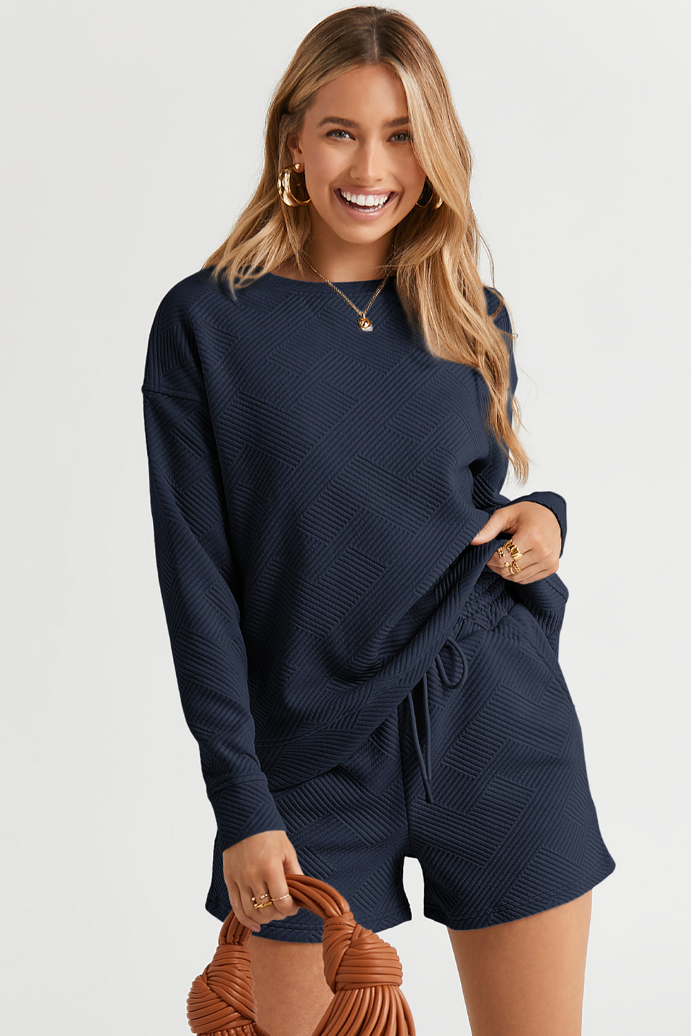 Gray Textured Long Sleeve Top and Drawstring Shorts Set