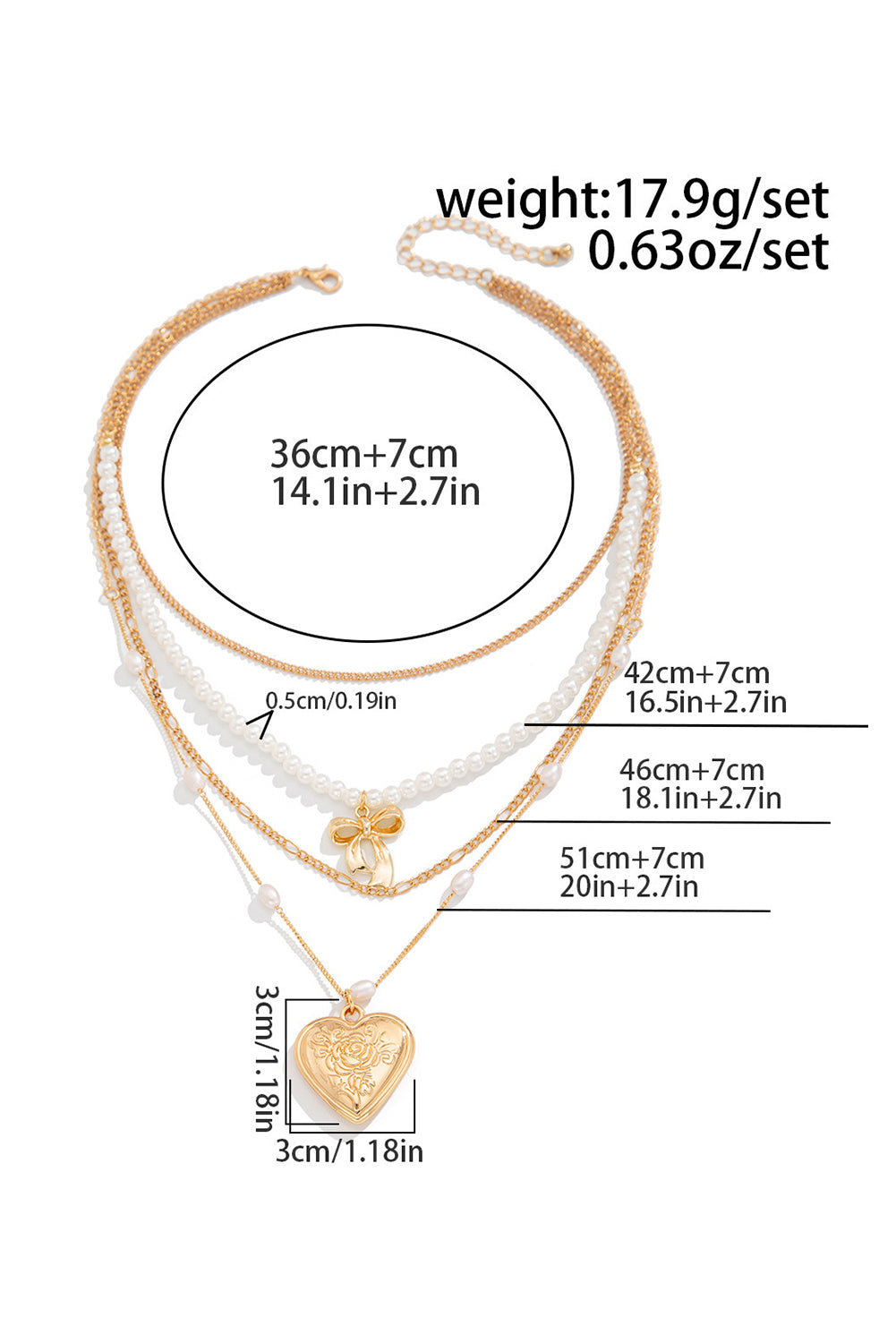 Multi-layer necklace with gold heart pendant and pearls
