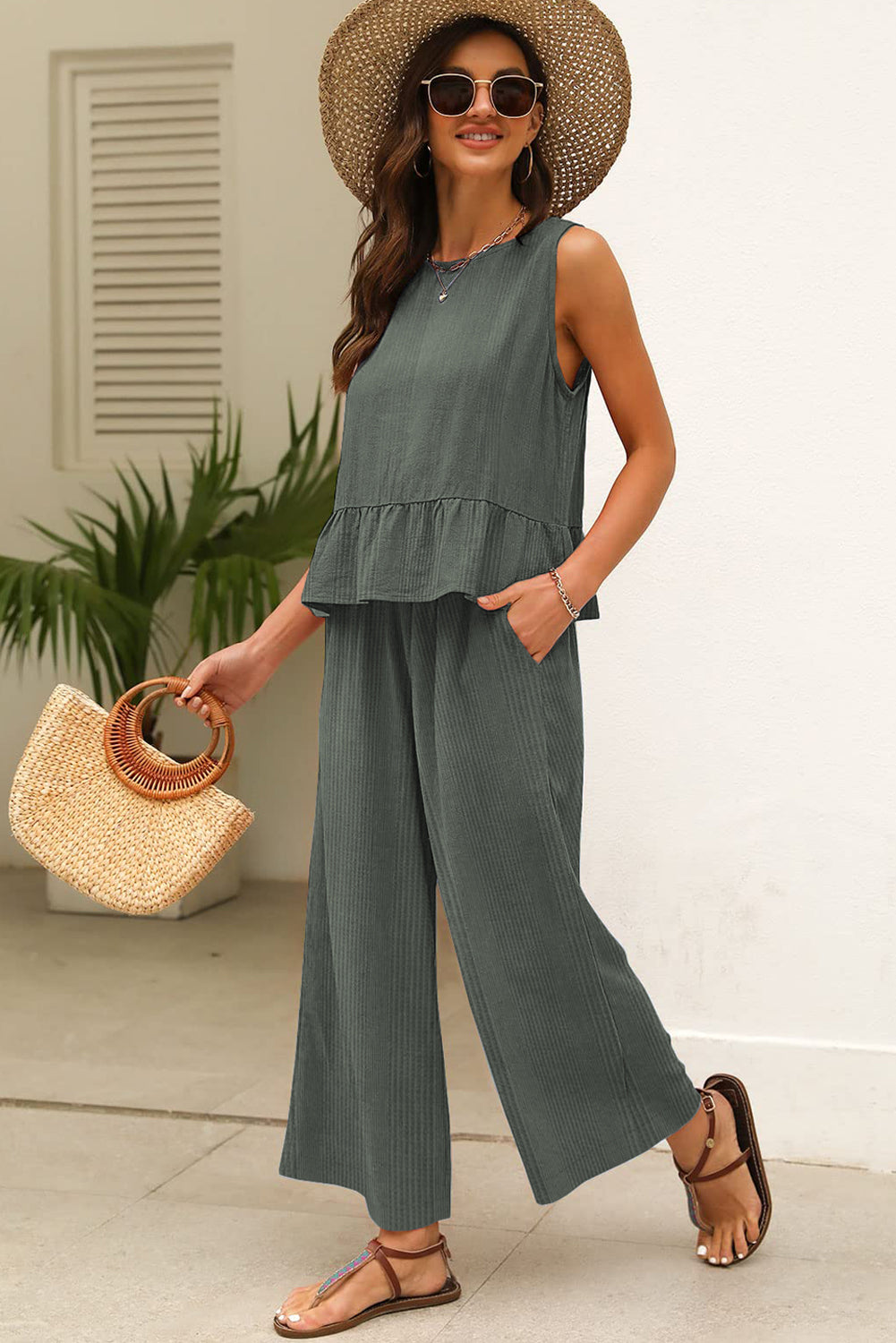 Beau Blue Solid Color Ribbed Ruffle Tank Top and Pants Set