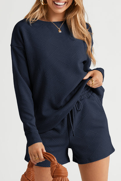 Gray Textured Long Sleeve Top and Drawstring Shorts Set
