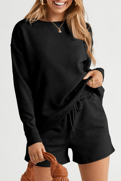 Gray Textured Long Sleeve Top and Drawstring Shorts Set