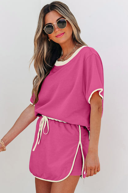 Evergreen Colorblock Edge Drop Shoulder T Shirt and Skort 2Pcs Set