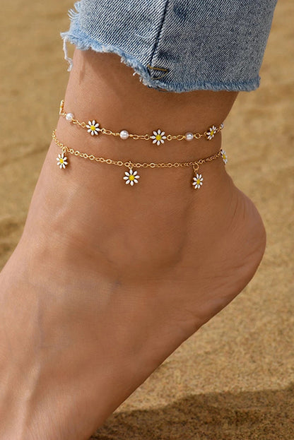 Gold Daisy &amp; Pearl Chain Anklet