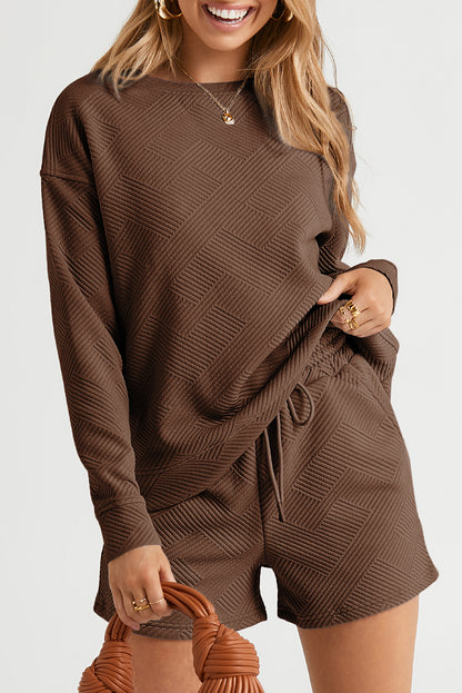 Gray Textured Long Sleeve Top and Drawstring Shorts Set
