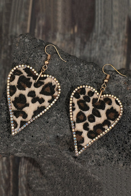 Multicolor Rhinestone Edge Leopard Print Heart Shape Earrings