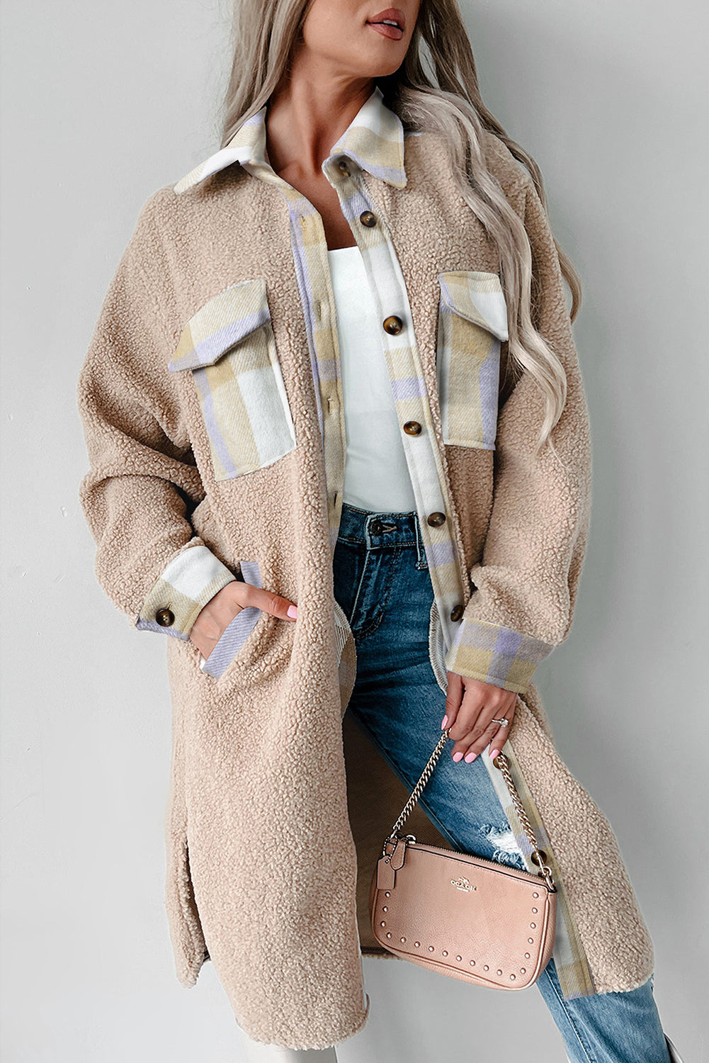 Long beige checked coat | For WOMEN