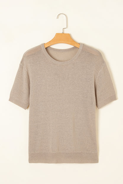 Beige Shiny Knitted Short Sleeve Drop Shoulder Sweater