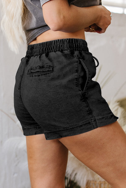 Dusk Blue Drawstring High Waist Pocketed Denim Shorts