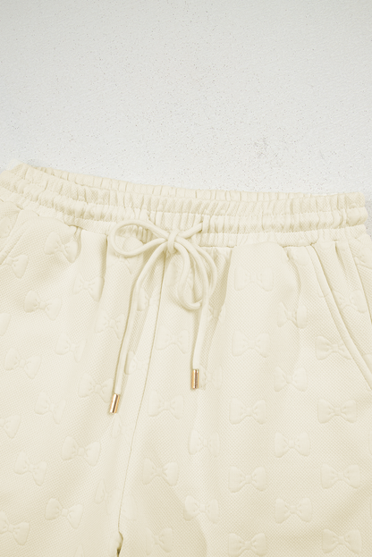 White Bow Jacquard Ruffle Sleeve Short 2pcs Outfit