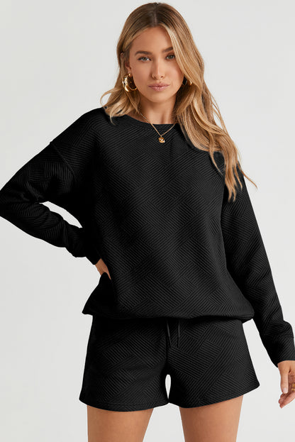 Gray Textured Long Sleeve Top and Drawstring Shorts Set