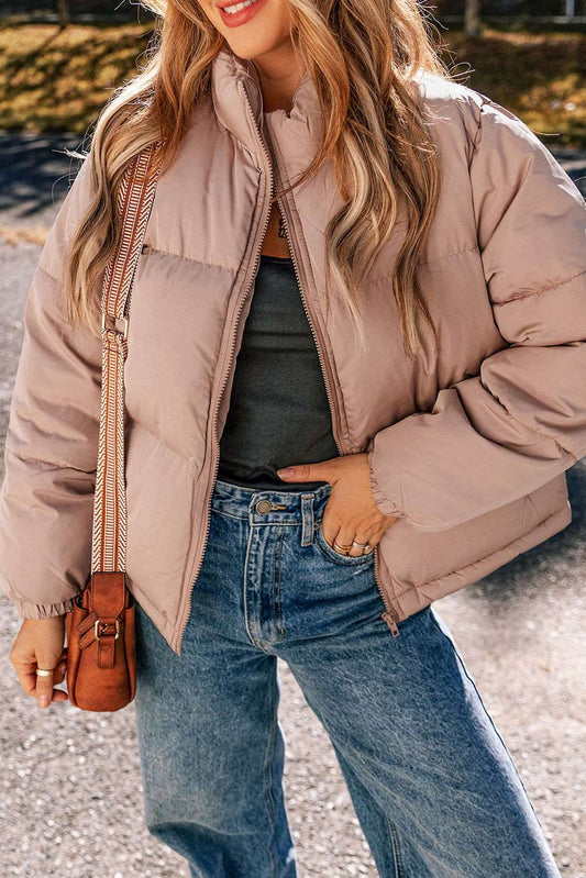 Apricot Pink Full Zipper Quilted Puffer Jacket - ELLEsinil - 