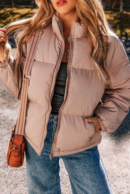 Apricot Pink Full Zipper Quilted Puffer Jacket - ELLEsinil - 