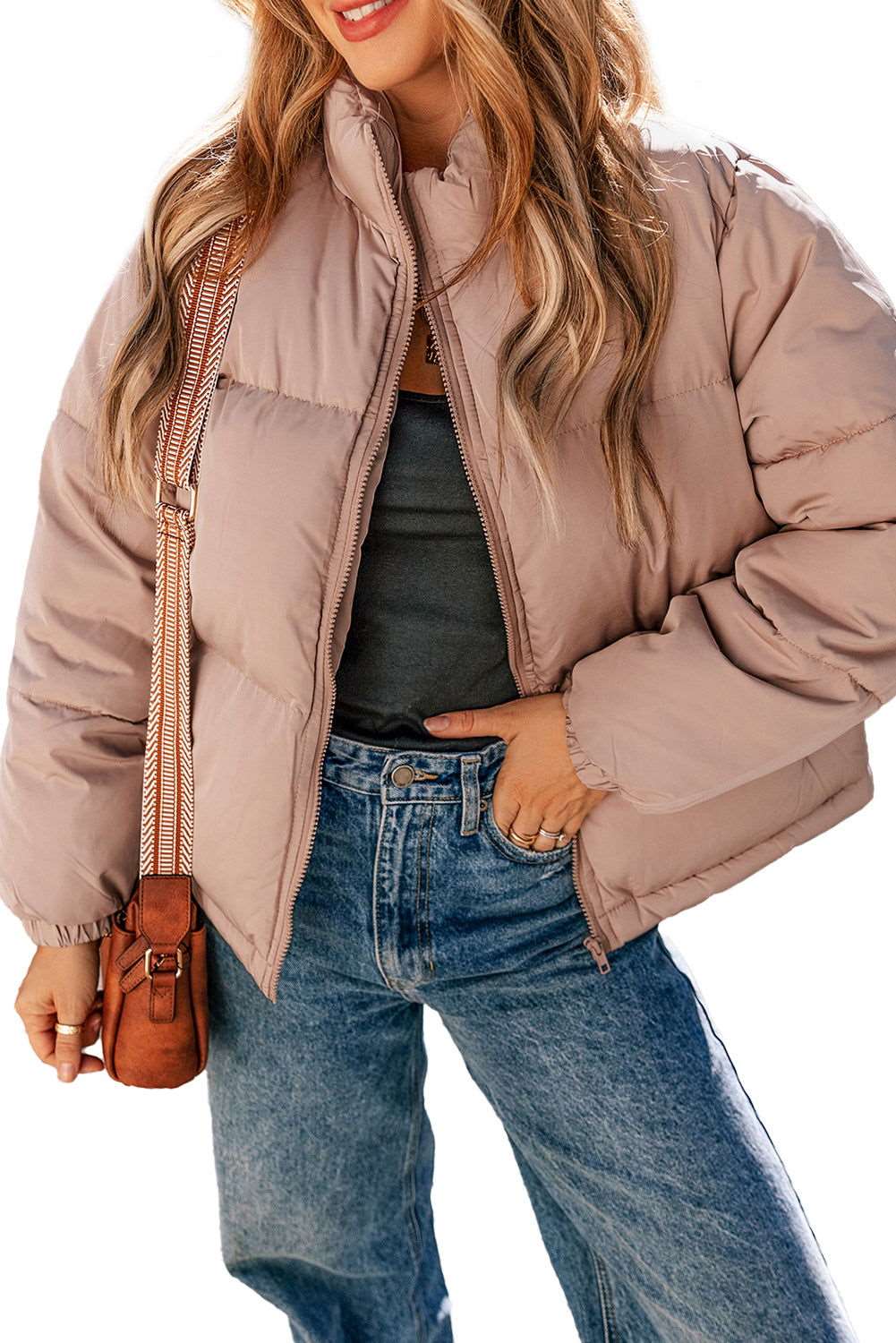 Apricot Pink Full Zipper Quilted Puffer Jacket - ELLEsinil - 