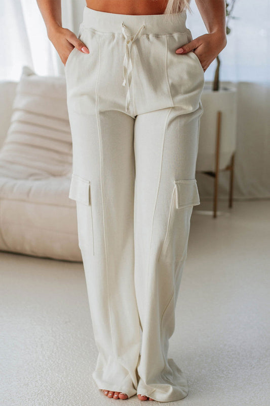 Beige Plain Cargo Pockets High Waist Casual Sweatpants - ELLEsinil