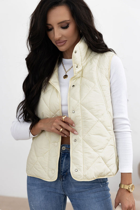 Beige Quilted High Neck Button Up Pocket Vest Coat - ELLEsinil