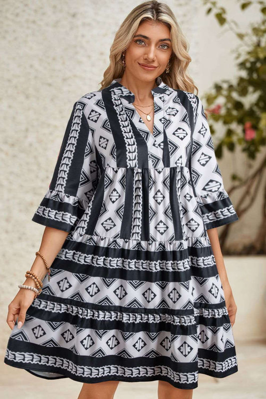 Black Abstract Print Bell Sleeve V Neck Boho Dress - ELLEsinil - 