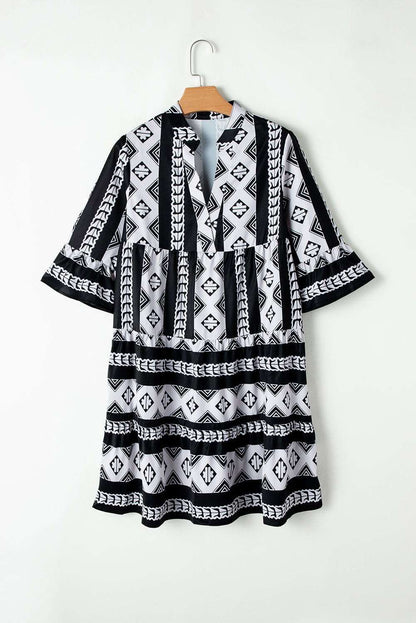Black Abstract Print Bell Sleeve V Neck Boho Dress - ELLEsinil - 