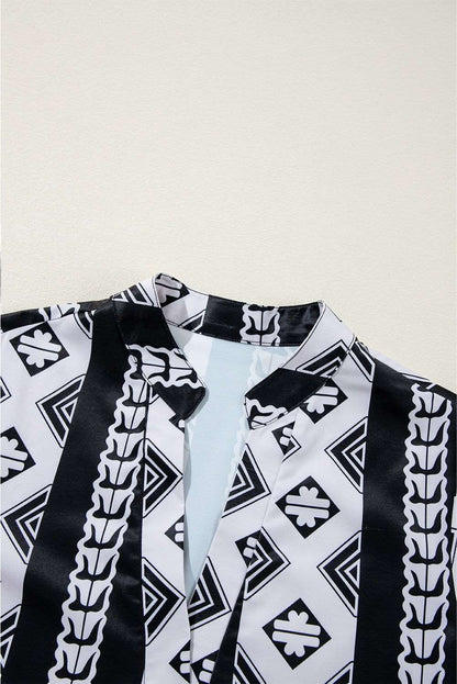 Black Abstract Print Bell Sleeve V Neck Boho Dress - ELLEsinil - 