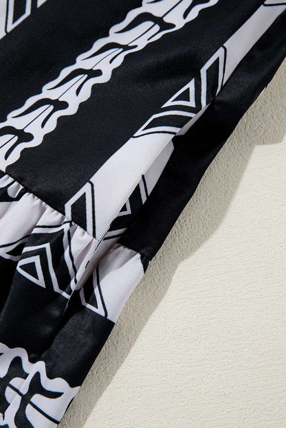 Black Abstract Print Bell Sleeve V Neck Boho Dress - ELLEsinil - 