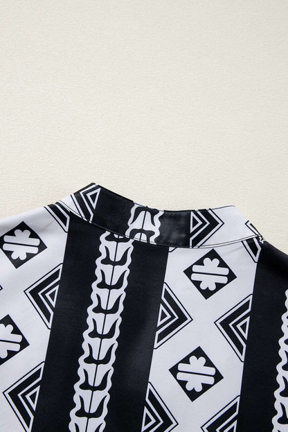 Black Abstract Print Bell Sleeve V Neck Boho Dress - ELLEsinil - 