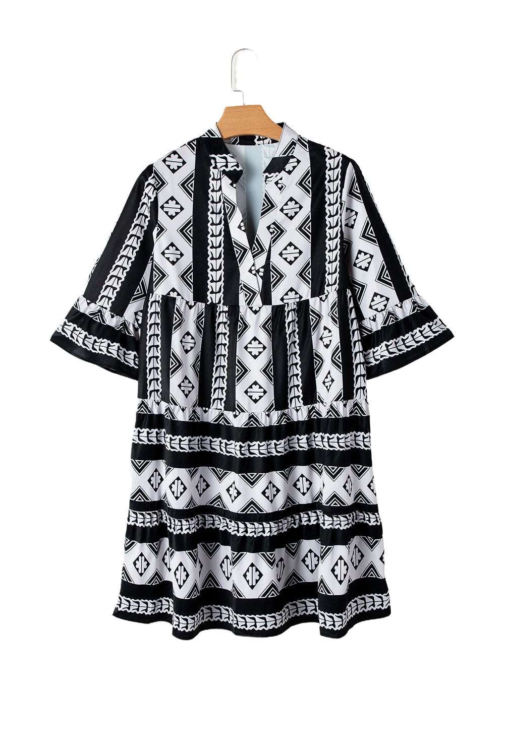 Black Abstract Print Bell Sleeve V Neck Boho Dress - ELLEsinil - 
