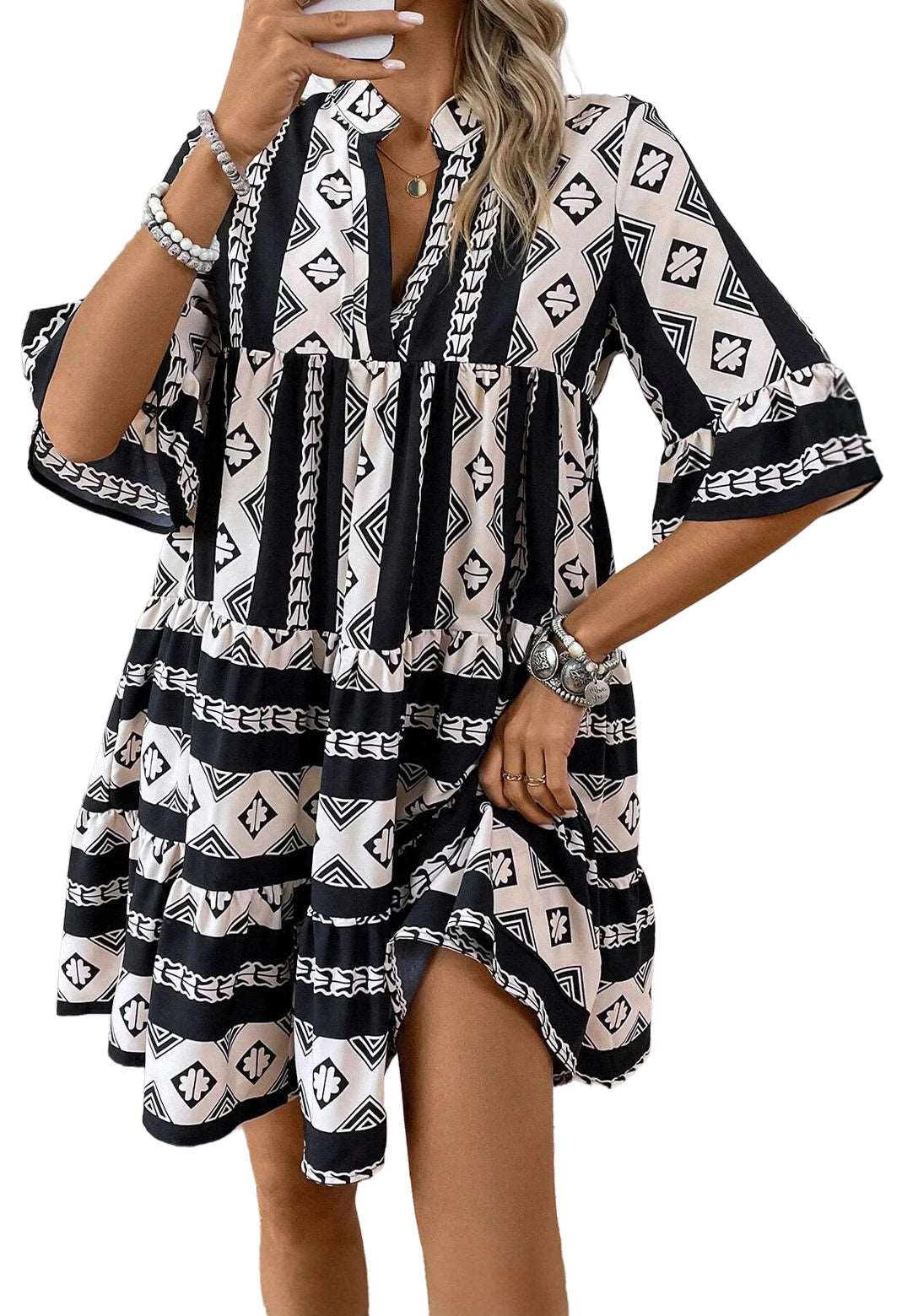 Black Abstract Print Bell Sleeve V Neck Boho Dress - ELLEsinil - 