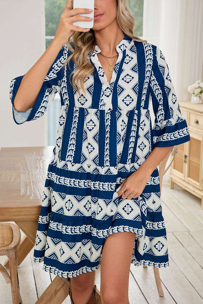 Black Abstract Print Bell Sleeve V Neck Boho Dress - ELLEsinil - 