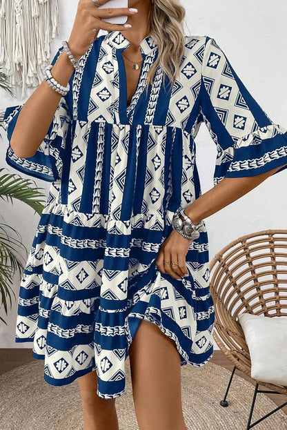 Black Abstract Print Bell Sleeve V Neck Boho Dress - ELLEsinil - 
