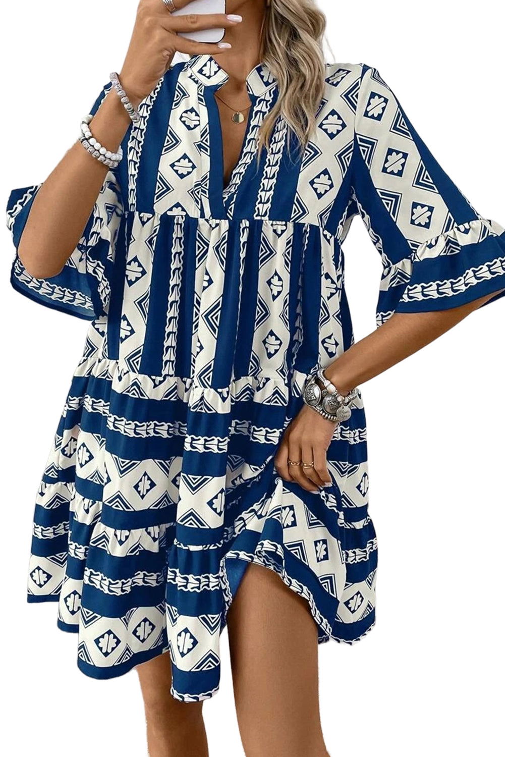 Black Abstract Print Bell Sleeve V Neck Boho Dress - ELLEsinil - 