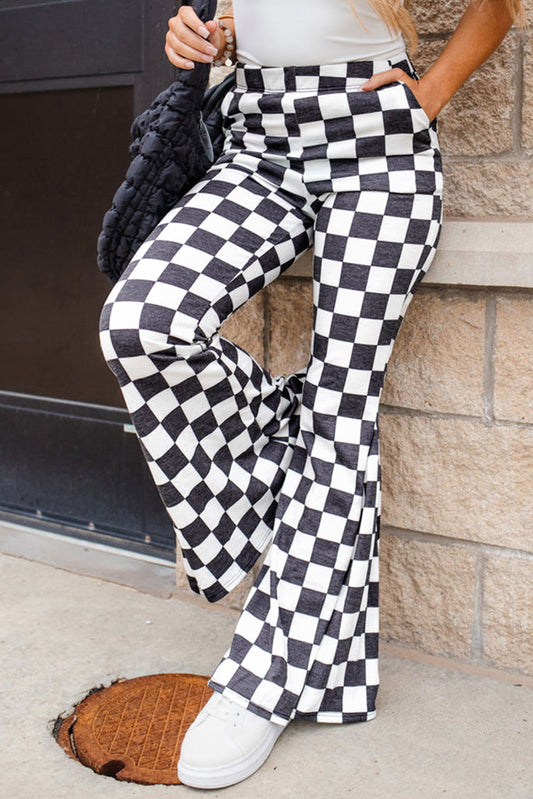 Black Checkerboard High Rise Casual Flared Pants - ELLEsinil