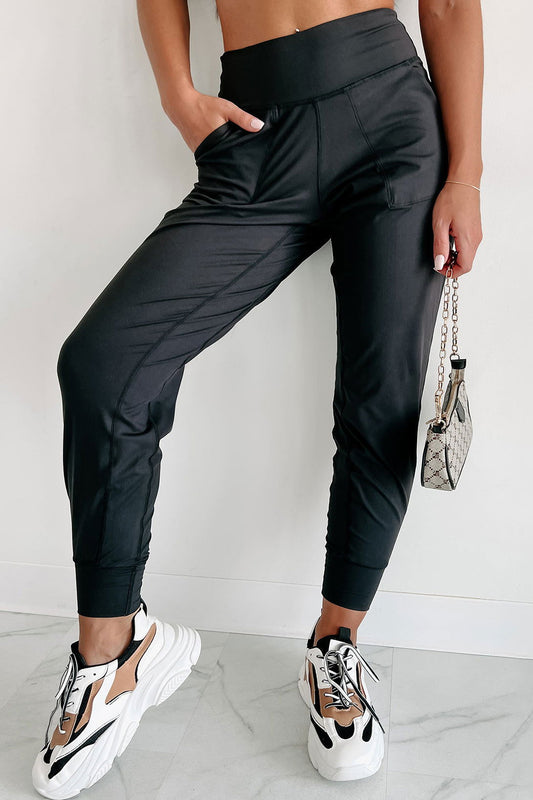 Black Exposed Seam High Waist Pocketed Joggers - ELLEsinil - 