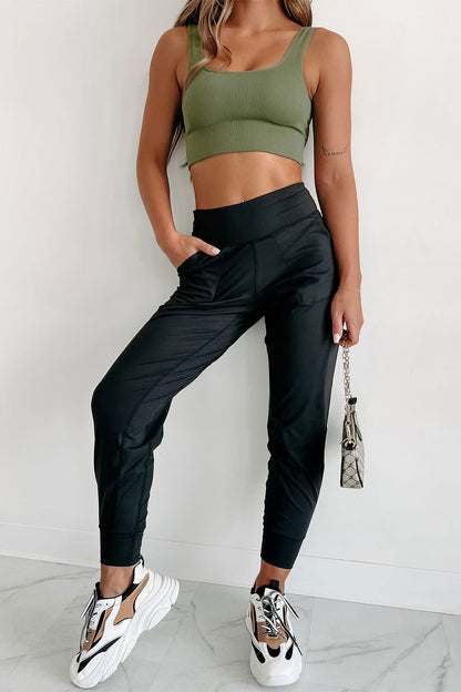 Black Exposed Seam High Waist Pocketed Joggers - ELLEsinil - 