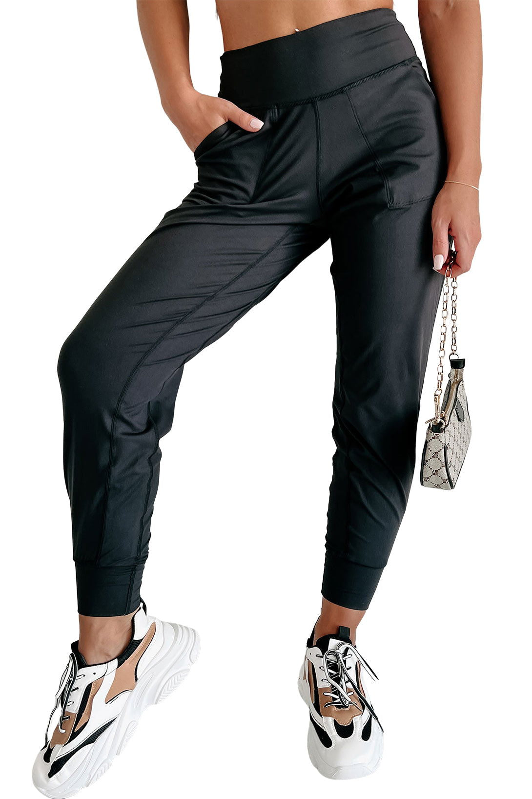 Black Exposed Seam High Waist Pocketed Joggers - ELLEsinil - 