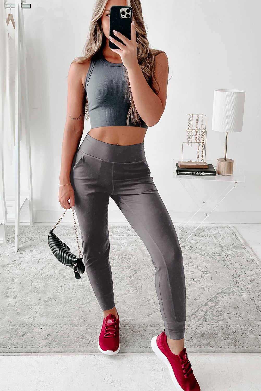 Black Exposed Seam High Waist Pocketed Joggers - ELLEsinil - 