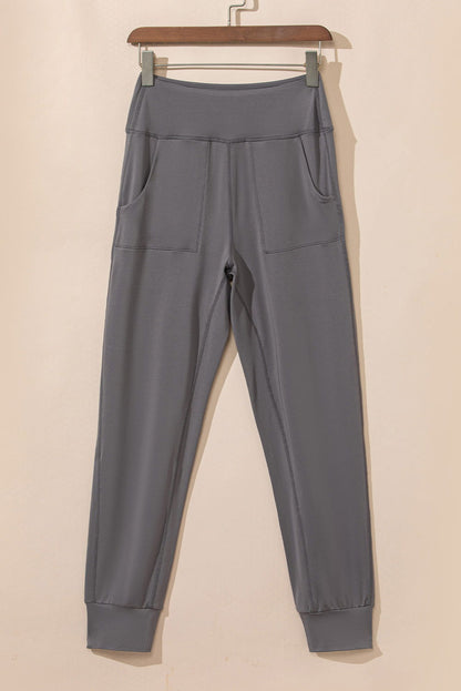 Black Exposed Seam High Waist Pocketed Joggers - ELLEsinil - 