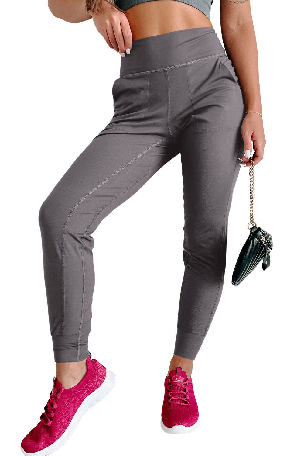 Black Exposed Seam High Waist Pocketed Joggers - ELLEsinil - 