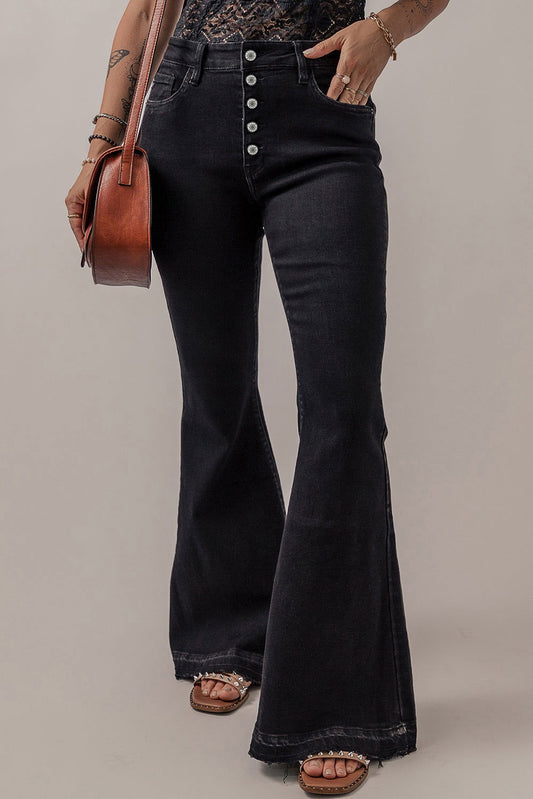 Black High Waist Button Front Flare Jeans - ELLEsinil