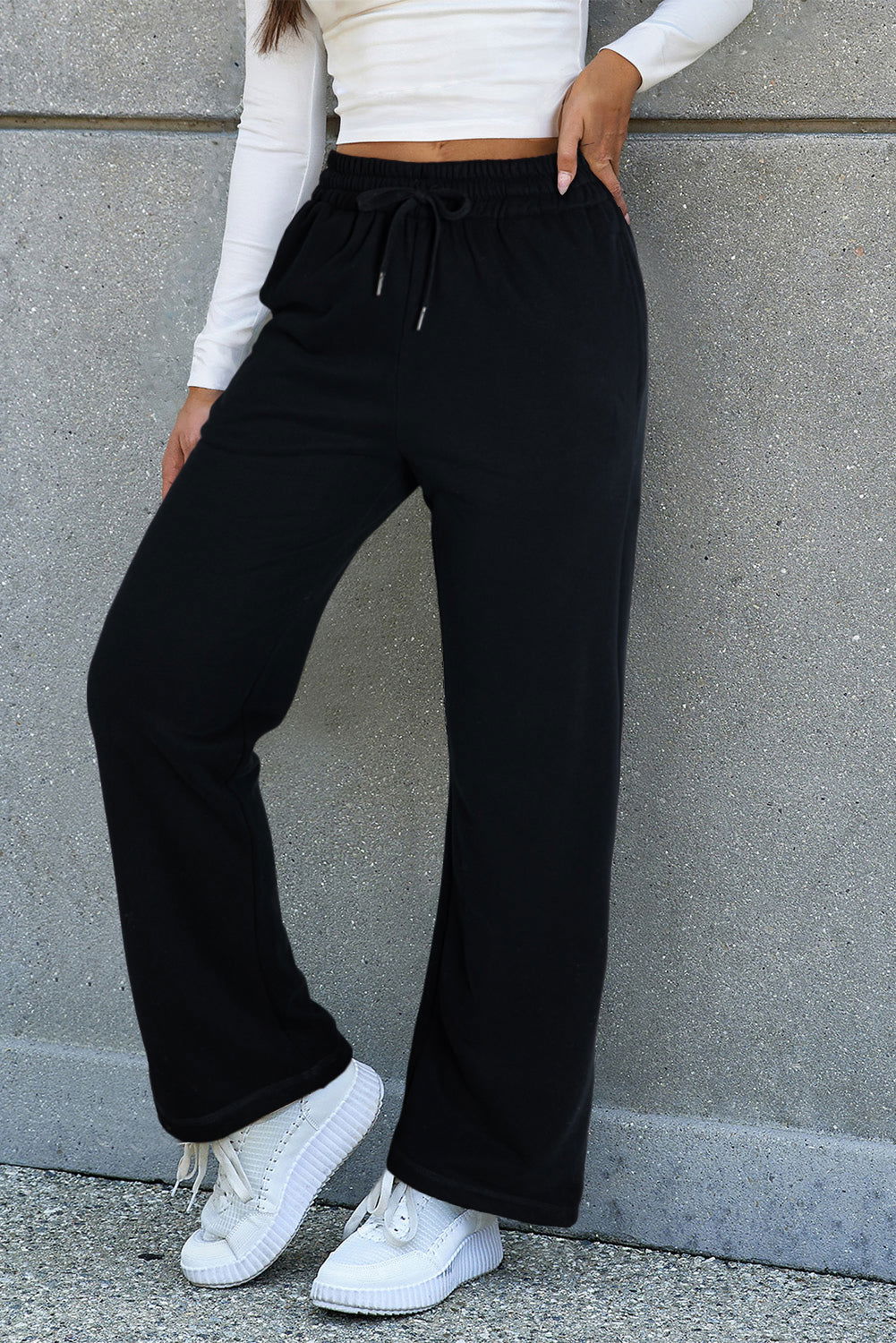 Black Solid Color Fleece Lined Drawstring Waist Casual Pants - ELLEsinil