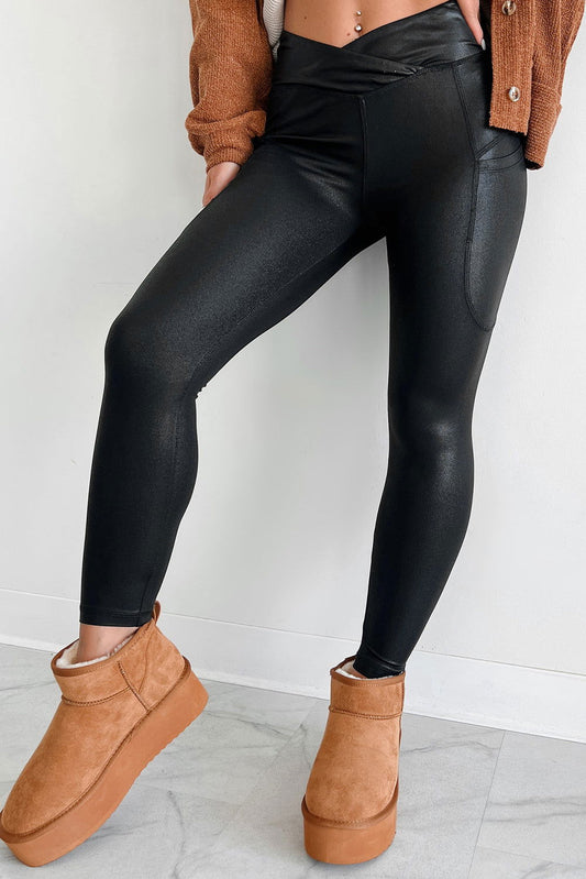 Black V Crossover High Waist Pocketed Leggings - ELLEsinil