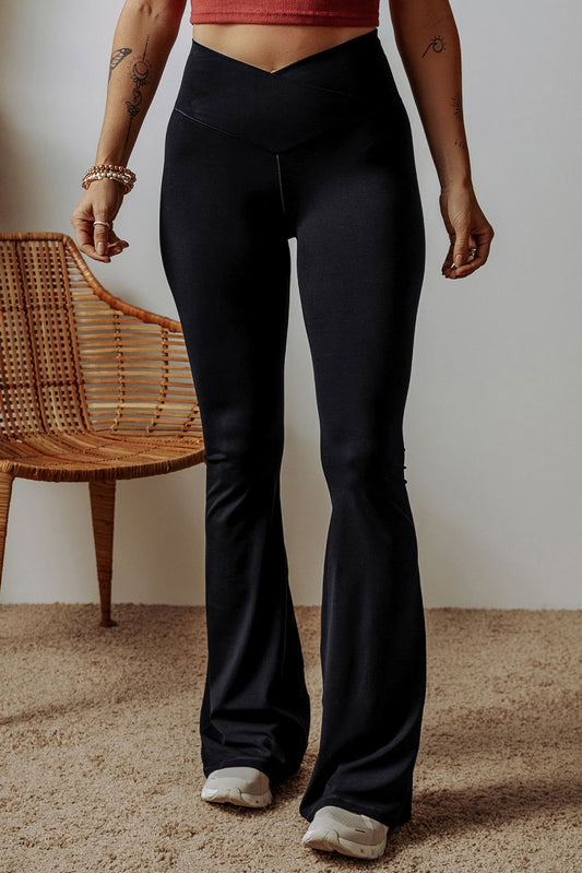 Black V Shape High Waist Flared Leggings - ELLEsinil - 