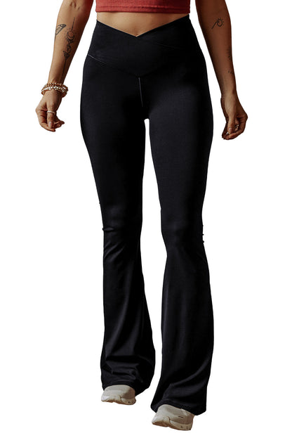 Black V Shape High Waist Flared Leggings - ELLEsinil - 